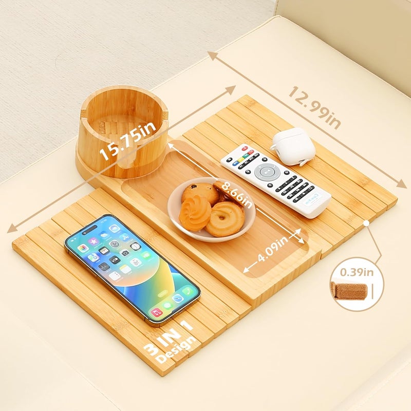 BAMTRAY Couch Cup Holder Tray, 15.75" Bamboo Cup Holder for Couch, 3 in 1 Foldable Arm Chair Clip on Side Tray Table for Remote Snack Table on Armrest - Image 5